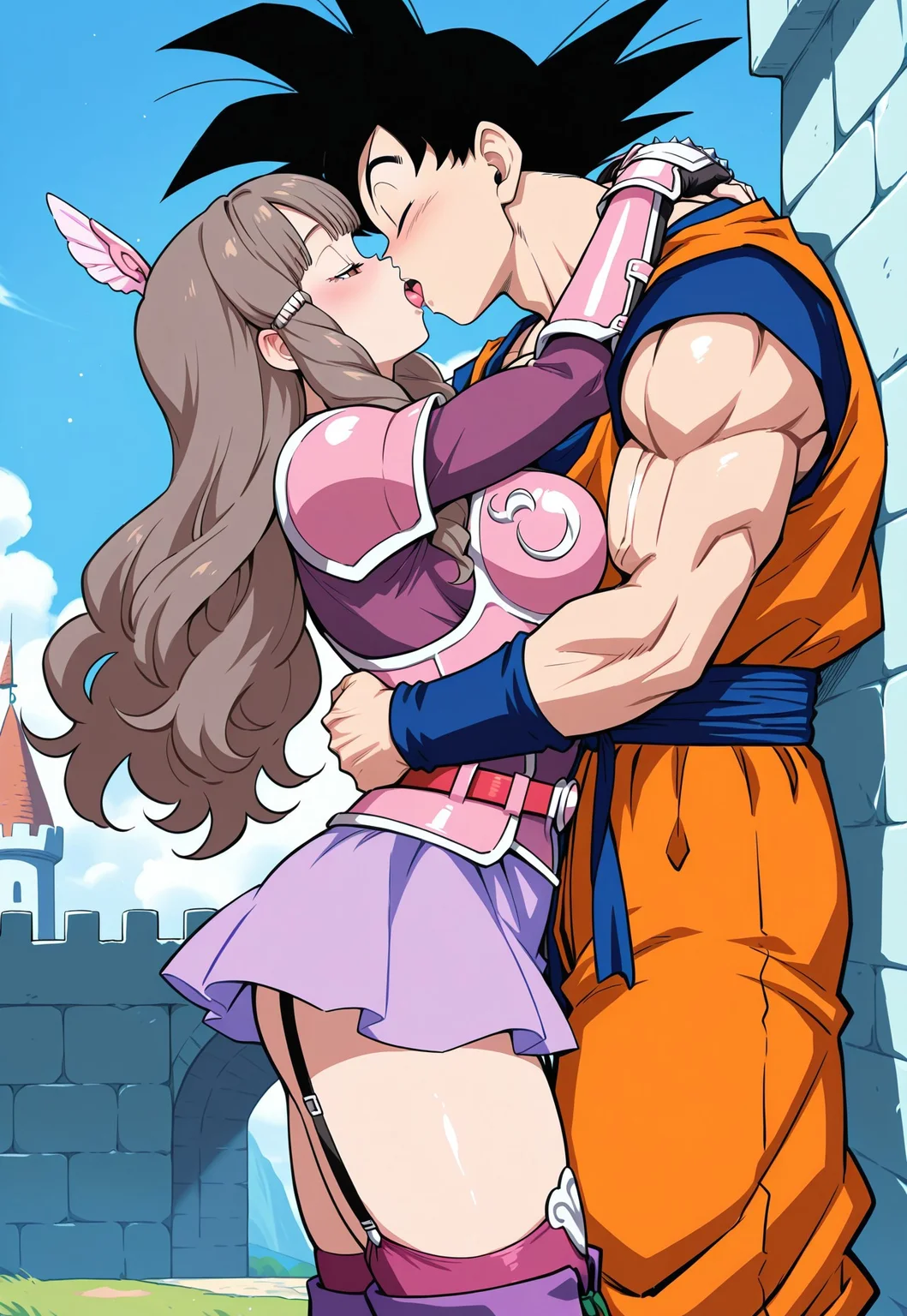 masterpiece, best quality, newest, absurdres, very aesthetic, (goku,spiked hair,1 boy,very muscular,black hair,)(sumia, brown hair, brown eyes
wing hair ornament, purple dress, short dress, belt, armored dress, pink armor, gauntlets, garter straps, thigh boots,middle large breasts),1 girl,1 boy,hetero,standing in a castle,closed eyes,french kiss,tongue kiss
