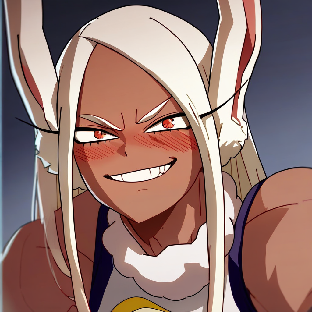 score_9, score_8_up, score_7_up, source_anime, expressive, anime,  dynamic, 1girl, Mirko\(my hero academia\), source_anime, my hero academia, Mirko, dark-skinned_female, white hair, grin, blush, uncensored, (TW1L1GHT0FTH3G0D5), source_hentai