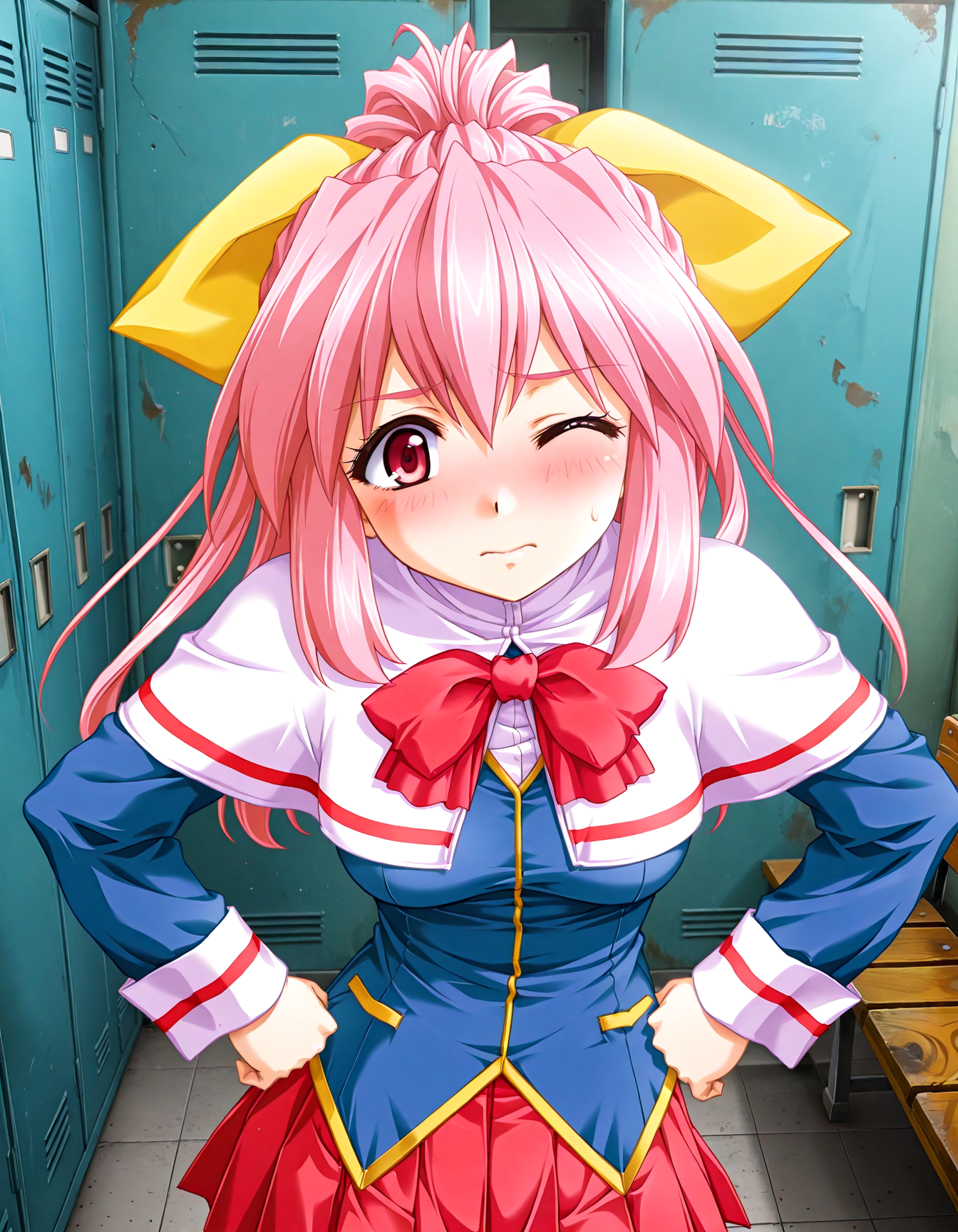 (1girl, solo:1.3), (2girls, 3girls, 4girls, multiple girls, 2boys, 3boys, 4boys, multiple boys:-1.5) <lora:Inuyama_Tsumugi_Dokusen_Illustrious:0.9>, inuyama_tsumugi, medium breasts, red eyes, pink eyes, pink hair, long hair, ponytail, hair bow, hair ribbon, yellow ribbon, school uniform, long sleeves, wrist cuffs, white capelet, capelet, red bowtie, bowtie, red skirt, pleated skirt, miniskirt embarrassed, one eye closed, general, contrapposto, dynamic pose, hands on own hips, upper body, straight-on, from above, , indoors, locker room, locker, wooden bench, (window:-2.0), <lora:NOOB_EPSv1_1_detailer_by_vlnvk_v1_0:1.5>, (photo background:0.7), day, (tachibana yuu:0.6), inue shinsuke, (kazuma muramasa:0.0), saikawa yusa, (aoi manabu:0.6), abarerumidori, (suzui narumi:0.6), masterpiece, newest, absurdres, 8K, anime screenshot, anime coloring, flat color, official art, film grain, <lora:illustriousXLv01_stabilizer_v1.185c:0.7>, <lora:LECO_Solo:-4.0>,