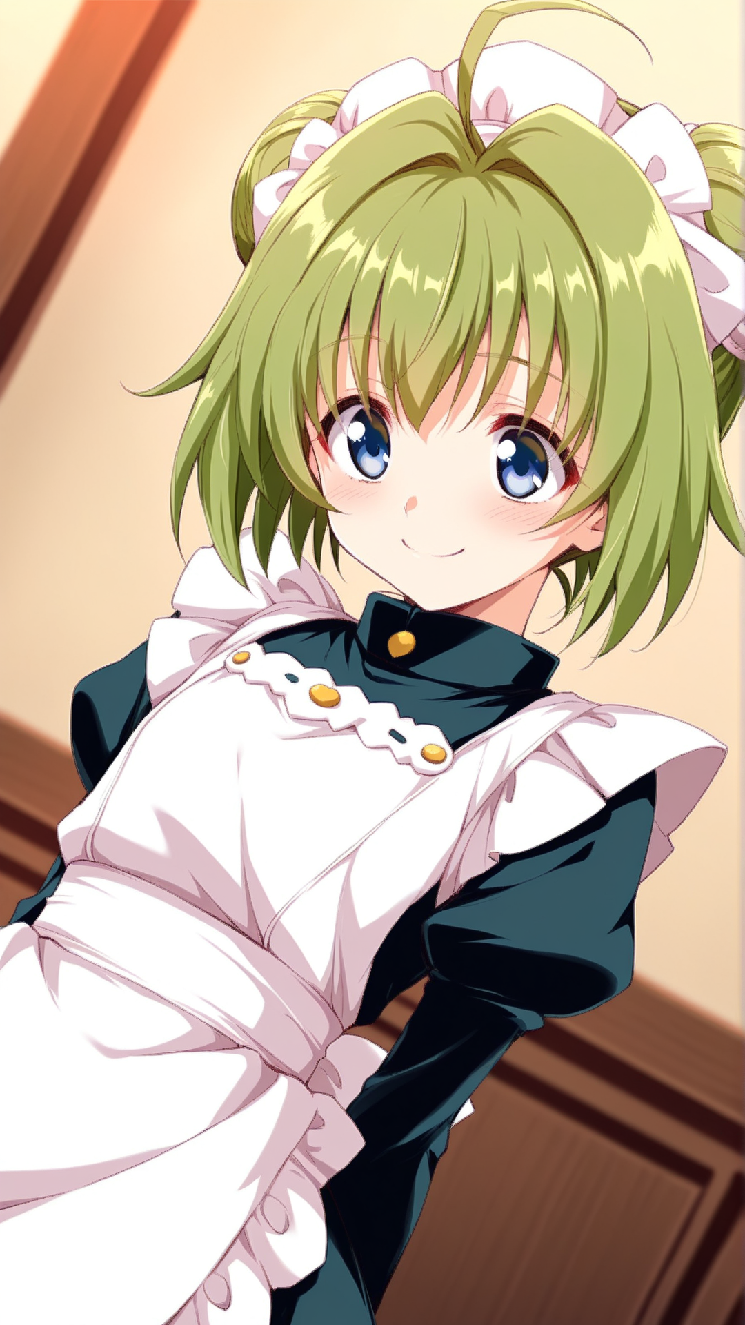 source_anime, general, best quality, masterpiece, 1girl,  <lora:mihiro_w_ill:1> mihiro\(srw\),blue eyes, green hair, short hair, hair bun, double bun, ahoge,antenna hair ,flat chest,hat,hairband,maid, maid headdress, maid apron, happy, embarrassed,  dynamic pose, dutch angle,