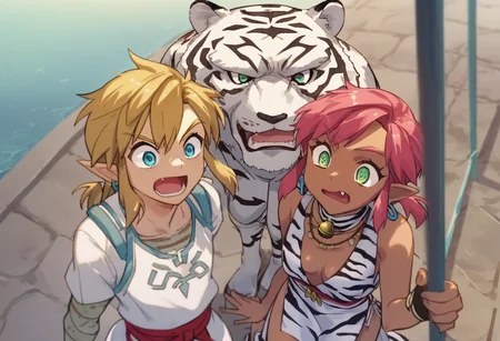 score_9, score_8_up, score_7_up, score_6_up, Masterpiece, source_anime screenshot, duo, 1 girl, 1 boy, vivid colors, full color, shiny and glossy, anime style, high-res, beautiful aesthetic, very intricate, high-quality details, vibrant, highly detailed, award-winning, professional, <lora:pink-ponyxl-v2:1>, 1 girl, single fang showing, sleeveless dress, white tiger print dress, pelvic curtain, cleavage, white cat ears, cat bell necklace, bright pink hair, tanned, white tiger tail, red sash, small breasts, leather shoes, detailed eyes, green eyes, detailed face, break, <lora:link:1> 1boy, link1, link, pointy ears, blonde hair, blue eyes, medium hair, side locks, earrings, short ponytail, blue hylian tunic, break, pink and link shouting, pink and link holding signs high above their heads, front view,