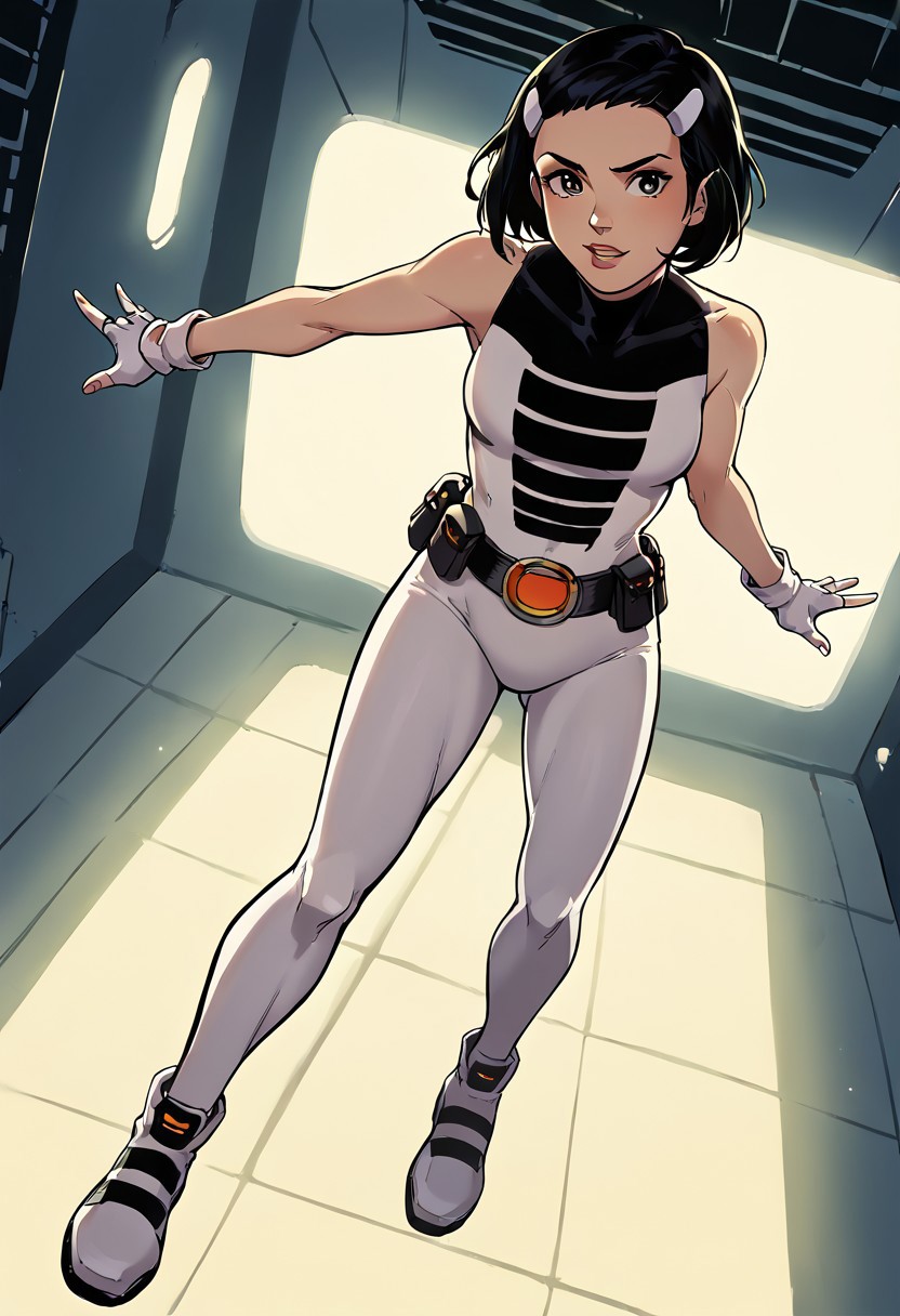 1girl, score_9, score_8_up, score_7_up, western cartoon, bright lighting, very detailed, depth of field, cinematic illumination, volumetric lighting, full color picture, vibrant colors, solo, alone, black hair, circle belt, white hairclips, costume3, white fingerless gloves, full body, medium bob, petite, full body, facing forward, looking at viewer, spaceship hallway, flying, action pose,