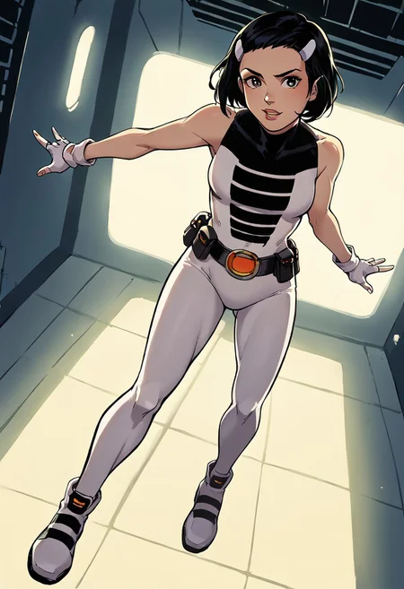 1girl, score_9, score_8_up, score_7_up, western cartoon, bright lighting, very detailed, depth of field, cinematic illumination, volumetric lighting, full color picture, vibrant colors, solo, alone, black hair, circle belt, white hairclips, costume3, white fingerless gloves, full body, medium bob, petite, full body, facing forward, looking at viewer, spaceship hallway, flying, action pose,