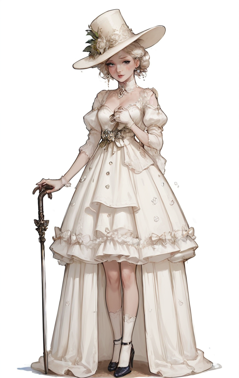 score_9, score_8_up, score_7_up, score_6_up, score_5_up, score_4_up,
 <lora:OverDesignedGirls:.7>
a drawing of a woman in a dress and hat with a cane and a cane in her hand, with a white background,
