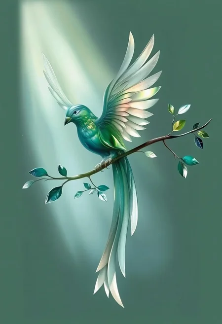 The image depicts a fantastical cristall glass bird with iridescent green and white glass feathers, standing on a slender branch tree  with delicate emerald leaves. The bird has a sleek, elongated body and its wings are spread wide, showing off the intricate details of the feathers. The background is a simple soft, misty green, creating a dreamy and ethereal atmosphere. sun light across fog #rbgmecrkdg #xxzjpkexus
