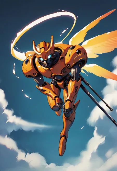score_9, score_8_up, score_7_up,score_6_up, score_5_up, score_4_up,source_anime,retro artstyle,halftone effect,epic,intricate linework,solo,no humans,a biomechanical golden armored angel with energy wings and a mechanical halo and a robotic head and tubes and mechanical joints and glowing blue eyes holding a lance and flying in the sky,sky,flying,clouds,full body,1boy,creature