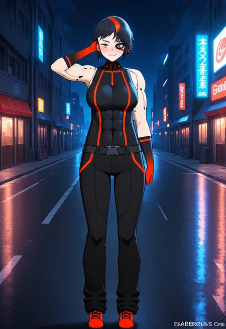 high resolution, gorgeous, absurdres, best quality, anime screencap, source_anime, official art, 1girl, Eve, black hair, short hair, black hair, multicolored hair, streaked hair, mismatched eyes, orange eyes, cybernetic eye, red eye, facial scar, eye shadow, muscular, well toned, abs, biceps, large breasts, black shirt, black pants, red shoes, red gloves, red linings, outdoors, street, cyberpunk, night, smile, embarrased, scratching head, blush, solo