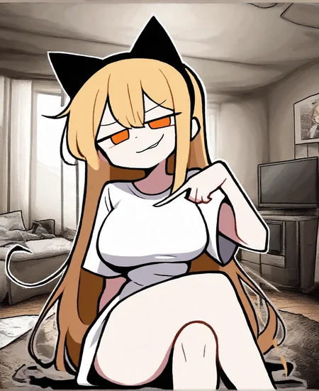 1girl, large breasts, smug, posing, blonde hair, fake black cat ears, white t-shirt, orange eyes, posing, pointing back, sitting, crossed legs, black hair, looking at viewer, <lora:blurreal-NoobAI:1>, indoors,