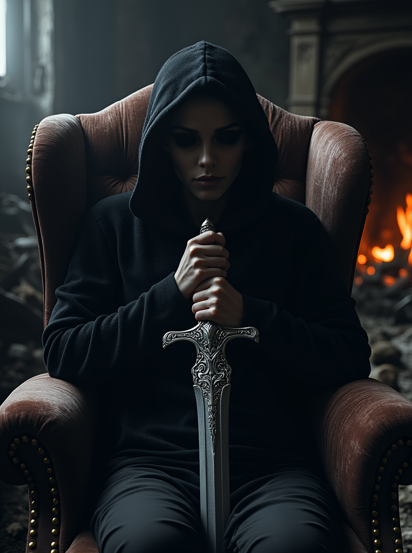 newfantasycore. 
Upholstered in deep, rich velvet, the scene hints at a city in ruins, its grandeur now lost to time. The atmosphere is thick with tension, shadows stretching ominously as firelight flickers and dances, casting eerie glows. A hooded figure looms in the center, their face hidden in darkness, while the tufted chair they rest upon tells of its past—button detailing and brass studs lining the arms and backrest, worn yet regal. The velvet fabric, slightly faded, catches the light with a subtle sheen, like the remnants of a forgotten age.

The figure's skin is pale and flawless, framed by dark eyeliner and mascara, enhancing the haunting allure. In their hand, they hold a sword of impossibly intricate design—its metallic silver blade gleams with an otherworldly glow, etched with symbols that seem to pulse with life, reflecting a mirror-like effect in the surrounding darkness. The contrast between decay and divine craftsmanship creates a chilling yet beautiful vision, a quiet testament to power in the midst of ruin.