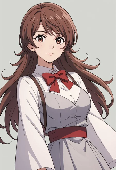 1girl,Azami Himeno, Rokudo girl, long gray dress, red bow tie,  solo, 
, score_9, score_8_up, score_7_up,