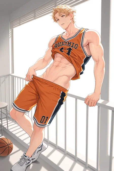 <lora:quincy_epoch_10:0.8>,quincy,balcony,undressing,clothes lift,full body,basketball uniform,sweat,basketball shoes,parted lips,abs,backlighting,parted bangs,masterpiece,best quality,amazing quality,1boy,solo,yaoi,bara,male focus,nsfw,uncersored,highres,best quality,amazing quality,best aesthetic,absurdres,