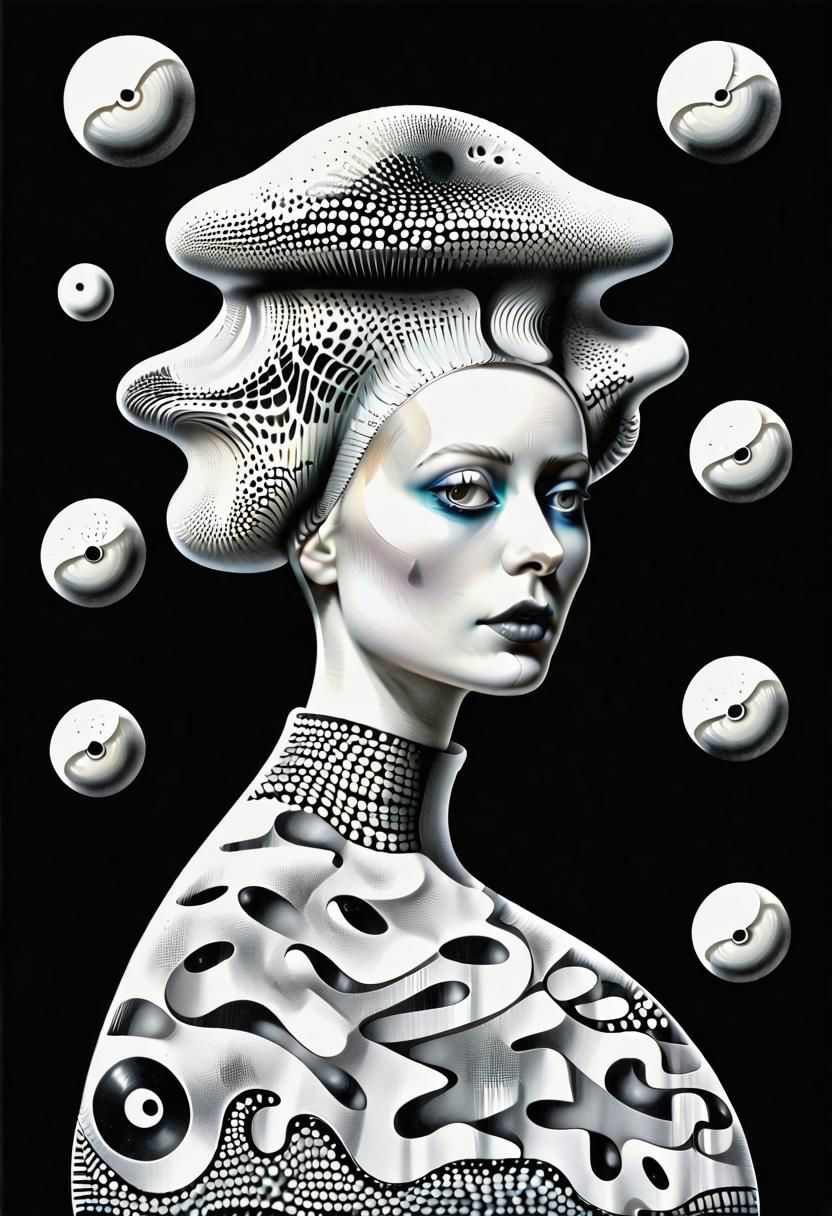 raw sketch of interwoven concrete cement pebbles cob cobblestone shell scales, by Bellmer, by Malevitch, by Kandinsky, Surreal psychedelic bizarre, psychedelic hallucination, pop surrealism, rough crosshatch drawing pop art Lunatic_Portrait of a young woman in latex Avant-garde Fashion page, slick back, low bun, black makeup, sinister expression, intense glare, (melting flesh covered in moss, rot, mold, bubbles, droplets:1.5), avant-garde, abstract, weird, geometric, constructivism, suprematism, rayonism, verticism, lineism, tj
