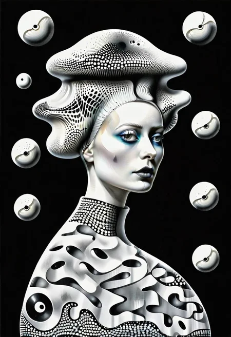 raw sketch of interwoven concrete cement pebbles cob cobblestone shell scales, by Bellmer, by Malevitch, by Kandinsky, Surreal psychedelic bizarre, psychedelic hallucination, pop surrealism, rough crosshatch drawing pop art Lunatic_Portrait of a young woman in latex Avant-garde Fashion page, slick back, low bun, black makeup, sinister expression, intense glare, (melting flesh covered in moss, rot, mold, bubbles, droplets:1.5), avant-garde, abstract, weird, geometric, constructivism, suprematism, rayonism, verticism, lineism, tj