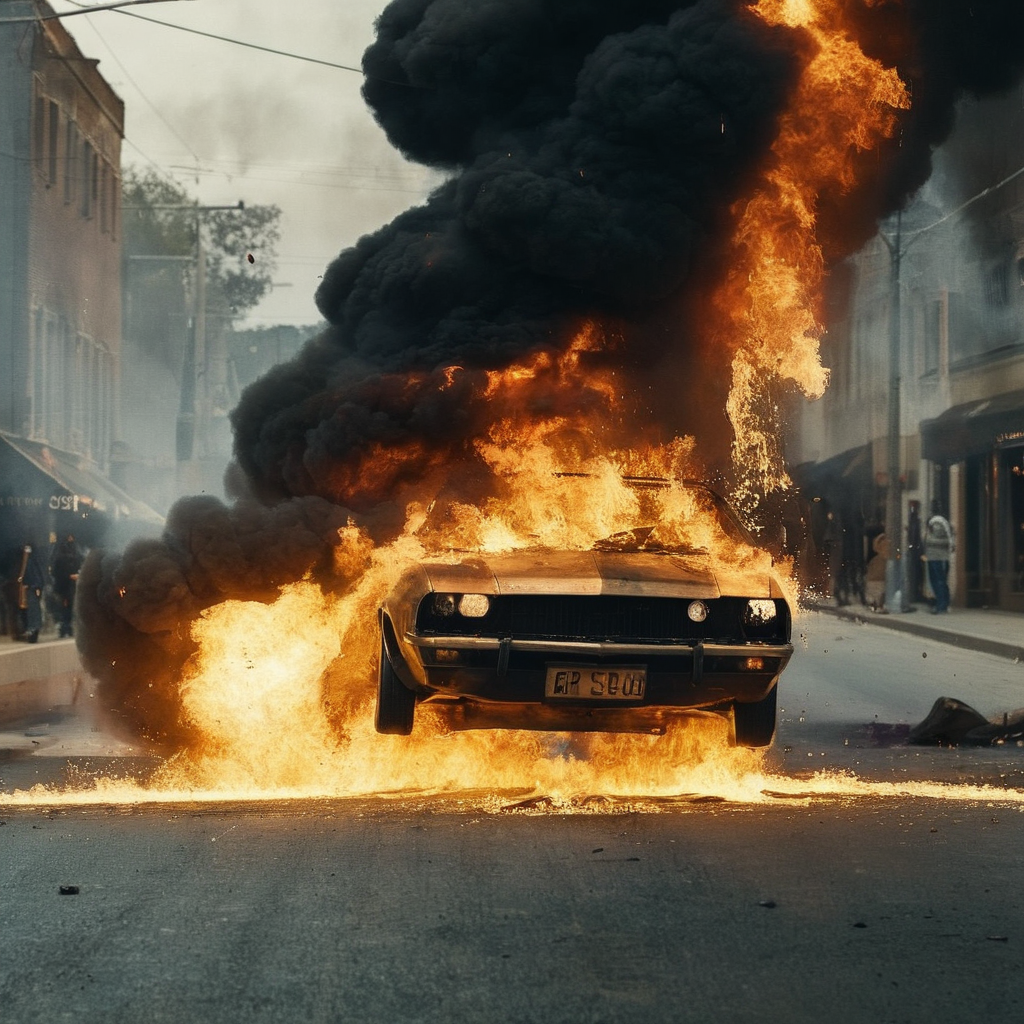 Dark Fantasy Art of cinematic film still of  <lora:Cinematic Hollywood Film:1.5>
Epic Creative Scene an exploding car is on fire in the street Cinematic Hollywood Film Style, dark, moody, dark fantasy style