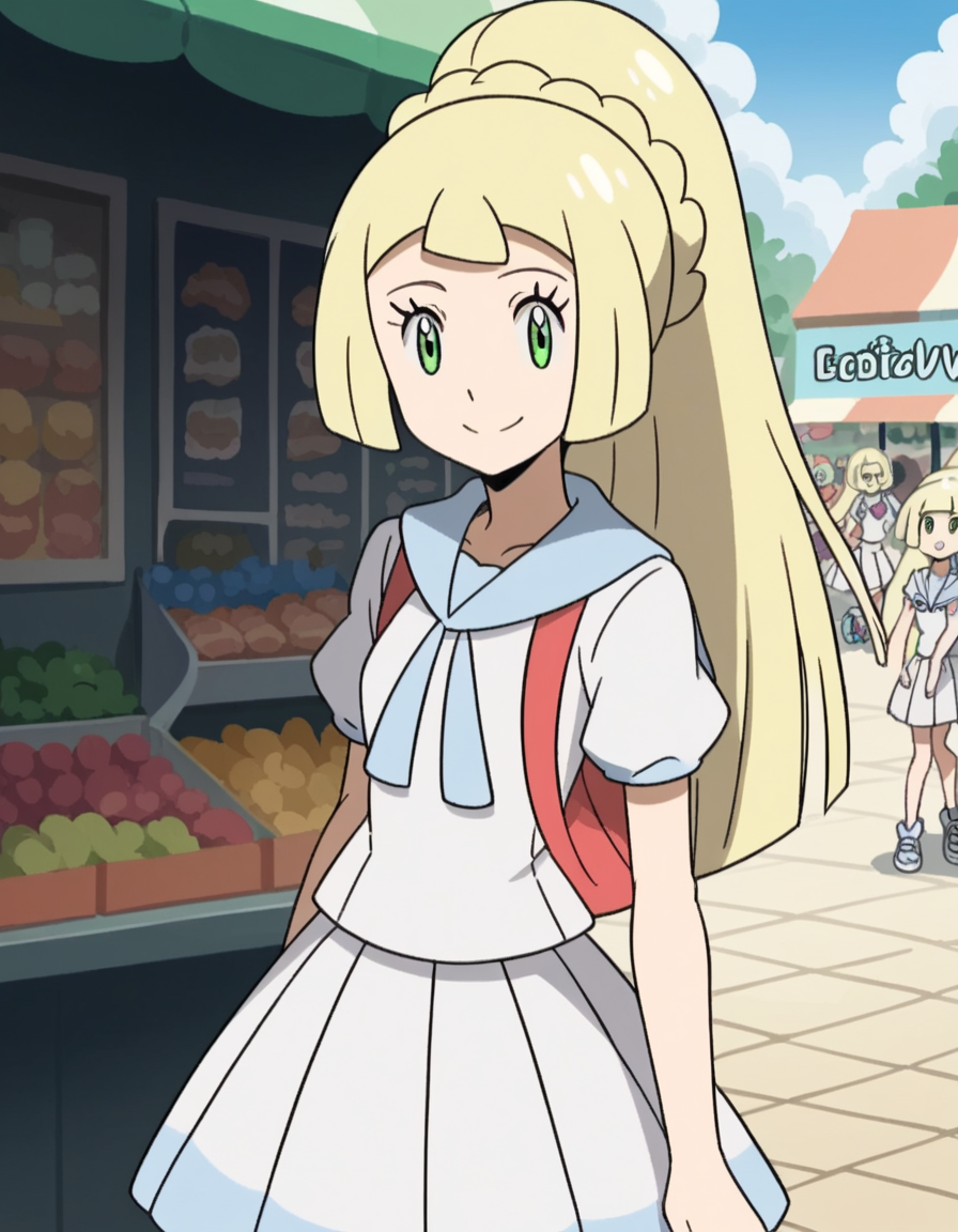 score_9, score_8_up, score_7_up, source_anime, <lora:pokemon-lilie-anime-ponyxl-lora-nochekaiser:1>, lillie \(pokemon\), blonde hair, blunt bangs, green eyes, long hair,, braid, french braid, high ponytail, miniskirt, pleated skirt, sailor collar, shirt, short sleeves, skirt, white shirt, white skirt,, street market, vendor, street food, bustling crowd, local flavor, vibrant, smile, looking at viewer, solo,, cowboy shot, dutch angle