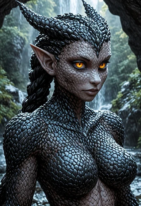 Alien-themed score_9, score_8_up, score_7_up, female human dragon hybrid, close-up of head and shoulders, outdoors near a waterfall at night, covered in dark matte scales as skin, dragon scale armor, striking reptilian eyes with vertical pupils, dragon horns, bald except a braided ponytail, exudes confidence and power,
<lora:sdxl_lightning_8step_lora:1.0>, rating_safe, . Extraterrestrial, cosmic, otherworldly, mysterious, sci-fi, highly detailed