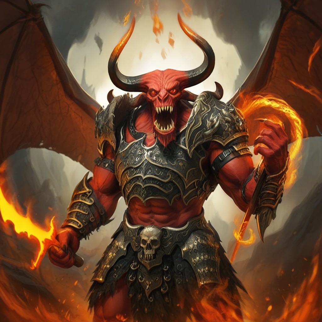balor, wings, solo, horns, fire, armor, demon, weapon, no humans, red skin, 1boy This image is a highly detailed digital painting of a fantastical, demonic figure. The creature, a demonic warrior, stands in a powerful, dynamic pose, with a menacing expression. Its body is a deep, fiery red, with muscular, imposing physique, and it has a menacing, humanoid form with a mix of human and demonic features. The figure's head is that of a demon, with horns, a snarling mouth, and glowing red eyes.   Its arms are muscular and end in sharp, claw-like hands. The creature wears dark, armor-like shoulder pads on its shoulders, adorned with intricate, glowing patterns that match the fiery aura emanating from it. The armor is black with a hint of dark red, enhancing the fiery theme.  The creature's wings, large and bat-like, are a darker, more muted brown, partially transparent, and seem to be made of a leathery material. Flames and glowing energy swirl around its body, particularly around its wings and hands, adding to the fiery, demonic appearance.  In its right hand, it holds a massive, curved sword with a serrated blade and a handle adorned with skulls, which glows with the same fiery energy as the rest of its body.