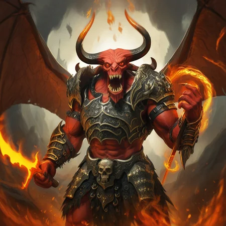 balor, wings, solo, horns, fire, armor, demon, weapon, no humans, red skin, 1boy This image is a highly detailed digital painting of a fantastical, demonic figure. The creature, a demonic warrior, stands in a powerful, dynamic pose, with a menacing expression. Its body is a deep, fiery red, with muscular, imposing physique, and it has a menacing, humanoid form with a mix of human and demonic features. The figure's head is that of a demon, with horns, a snarling mouth, and glowing red eyes.   Its arms are muscular and end in sharp, claw-like hands. The creature wears dark, armor-like shoulder pads on its shoulders, adorned with intricate, glowing patterns that match the fiery aura emanating from it. The armor is black with a hint of dark red, enhancing the fiery theme.  The creature's wings, large and bat-like, are a darker, more muted brown, partially transparent, and seem to be made of a leathery material. Flames and glowing energy swirl around its body, particularly around its wings and hands, adding to the fiery, demonic appearance.  In its right hand, it holds a massive, curved sword with a serrated blade and a handle adorned with skulls, which glows with the same fiery energy as the rest of its body.