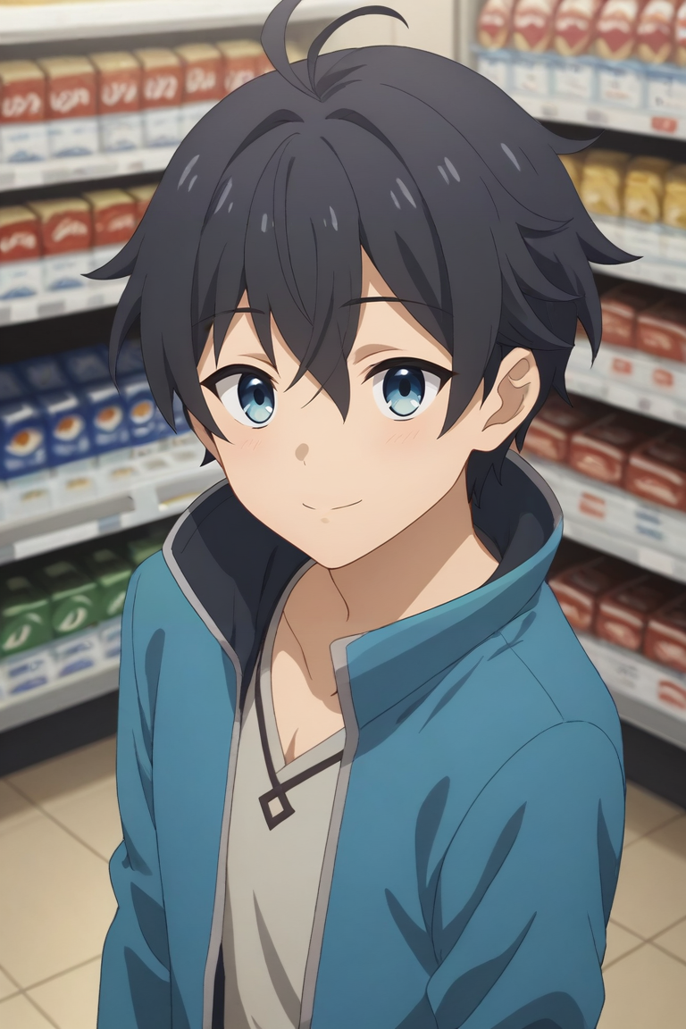 score_9, score_8_up, score_7_up, source_anime, rating_safe, , anime screencap, , , looking at viewer, , 1boy, solo, male focus, <lora:yuuki_princess_connect_pony:0.78>, yuuki_princess_connect, black hair, blue eyes, short hair, hair between eyes, bangs, antenna hair, ahoge, from above, store, convenience store, dusk, w arms, light smile, , <lora:sdxl_lightning_8step_lora:1>