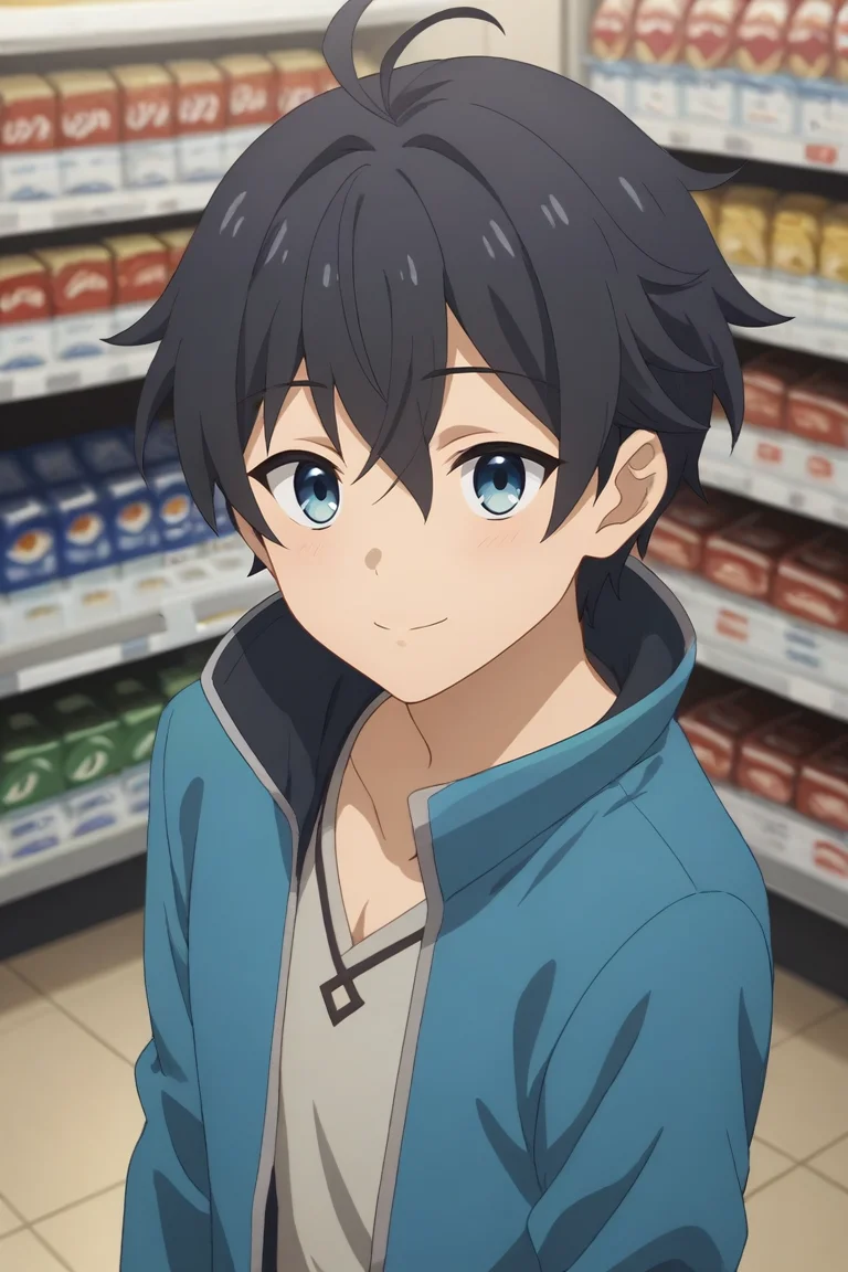 score_9, score_8_up, score_7_up, source_anime, rating_safe, , anime screencap, , , looking at viewer, , 1boy, solo, male focus, <lora:yuuki_princess_connect_pony:0.78>, yuuki_princess_connect, black hair, blue eyes, short hair, hair between eyes, bangs, antenna hair, ahoge, from above, store, convenience store, dusk, w arms, light smile, , <lora:sdxl_lightning_8step_lora:1>