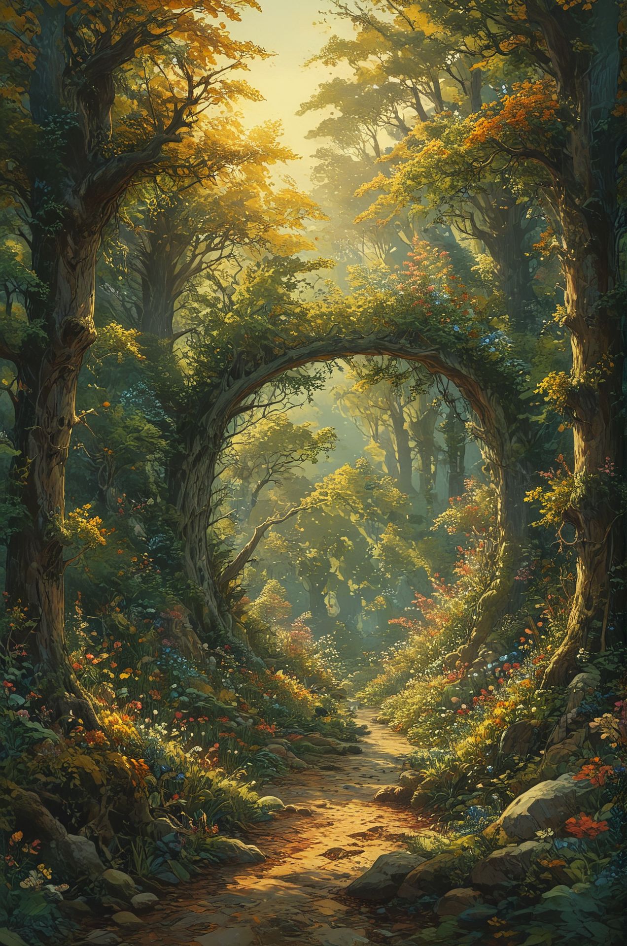 A fantastical forest inhabited by mythical creatures such as unicorns, griffins, and dragons, where ancient trees twist and intertwine to form natural archways and hidden clearings. Shafts of golden sunlight filter through the canopy, illuminating patches of vibrant wildflowers and sparkling dewdrops. (masterpiece, award winning artwork)
many details, extreme detailed, full of details,
Wide range of colors, high Dynamic
<lora:EldritchMixIllustration_1.0:1.0>
<lora:add-detail-xl:0.89>
 <lora:xl_more_art-full_v1:0.4> 
 <lora:MJ52:0.4>
