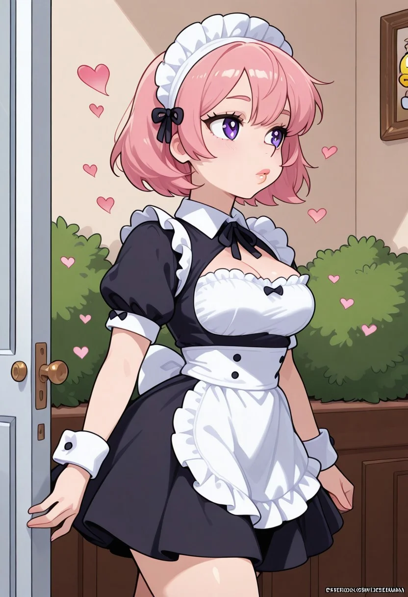 <lora:CivChan:1> CivChan, purple eyes, pink hair, maid outfit, medium breasts, full lips, floating hearts, hearts, doing the homer Simpson walking backward meme, Large bush wall