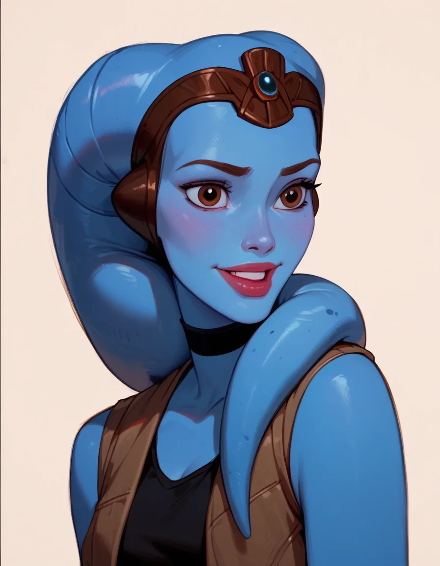<lora:Disney_Style:.9> <lora:princess_xl_v2:.75> <lora:add-detail-xl:.9> <lora:g0th1cPXL:.3> <lora:Cherry-Gig:.45> <lora:Expressive_H:1> <lora:PLASTT_PonyV6:1> <lora:missionvao:.7> score_9, score_8_up, score_7_up, zPDXL, DisneyRenstyle, score_9,score_8_up,score_7_up,score_6_up, white background, front lit,
1girl, missionvao, twilek, blue skin, colored skin, lekku, fingerless gloves, beautiful face, perfect face, brown eyes, perfect eyes, eyes half open, excited expression, smile, full lips, black choker, black tank top, grey vest, sleeveless,