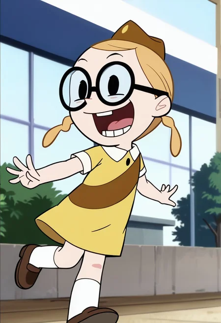 score_9, score_8_up, score_7_up BREAK BessieH, 1girl, blonde hair, pigtails, black eyes, round glasses, brown garrison cap with yellow button, brown sash, white-collared yellow dress, short white sleeves, white socks, black shoes, screenshot, official art, parody, anime footage, official design, screencap, anime screenshot, official screenshot, 2d, anime, source_anime, solo, solo focus, happy, full body,