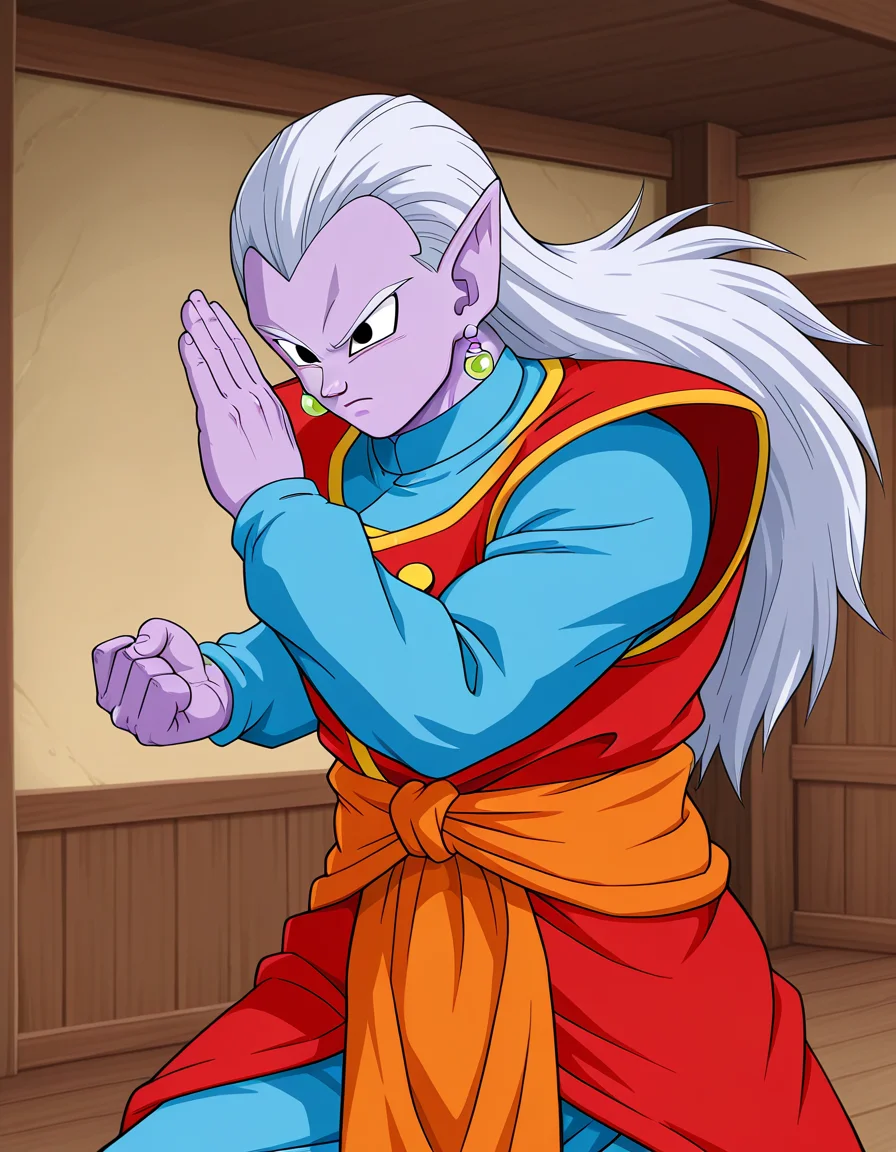 dougi, potara earrings, standing, blue shirt, blue pants, red jacket, fighting stance, long sleeves, toned, (( yellow lapels)), kibitoshin, 1boy, long hair, pointy ears, purple skin, white hair, black eyes,indoors, <lora:Kibitoshin_Illustrious:0.90>