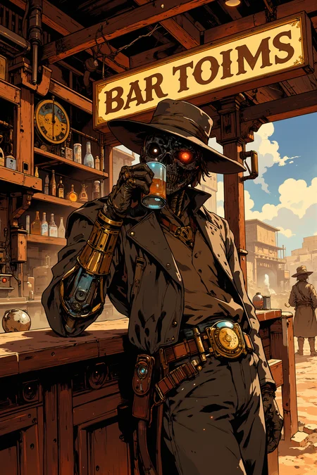 At the end of a long, winding desert road, a dusty saloon built from riveted steel and weathered wood sits beneath the scorching midday sun, its large brass sign glinting in the light. Leaning against the bar inside, a rugged gunslinger with a mechanical arm and glowing, crimson eyes sips from a glass of whiskey, his wide-brimmed hat pulled low over his face. The saloon is filled with the sounds of ticking gears and the soft hum of a steam-powered piano, its keys moving on their own as it plays a slow, haunting melody. Behind the bar, an automaton bartender polishes brass mugs with mechanical precision, its glowing blue eyes flickering as it watches the patrons. The gunslingerâs coat is frayed at the edges, and his twin revolvers, each adorned with intricate clockwork designs, rest on his hips, their barrels glowing faintly with untapped energy. Around the room, a mix of humans and clockwork cowboys sit at the metal tables, playing cards or exchanging stories of distant steam-powered cities. The air is thick with the scent of oil and whiskey, and the faint hiss of steam can be heard from the pipes that run along the ceiling. Outside, the distant whistle of a steam train echoes through the town, a reminder that the Wild West is ever-evolving in this age of gears and steam.<lora:Anime v1.3:0.4><lora:XRSTYLE_FLUX:0.5><lora:RetroAnimeFluxV1:0.5><lora:Let_It_Blaze_in_Crimson_anime_v1.0:0.4><lora:MJanime_Flux_LoRa_v3_Final:0.4>