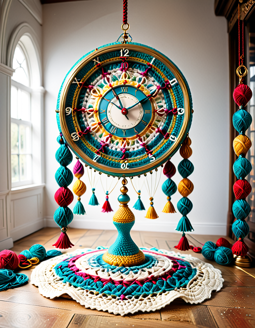 A massive crocheted clock suspended in an empty void, with unraveling hands shedding threads that pile on the floor; crocheted hourglasses releasing infinite cascading yarn; surreal, contemplative, melancholic atmosphere; soft textures contrasted with dynamic unraveling; intricate, symbolic, and visually poetic. <lora:SDXLFaeTastic2400:0.4> <lora:extremely_detailed:0.4> extremely detailed, <lora:cr0ch3t3d:1>,cr0ch3t3d, Masterpiece,best quality,hi res,8k,hi res,8k,award winning,(sharp focus, intricate, highly detailed),