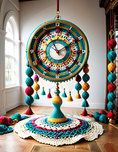 A massive crocheted clock suspended in an empty void, with unraveling hands shedding threads that pile on the floor; crocheted hourglasses releasing infinite cascading yarn; surreal, contemplative, melancholic atmosphere; soft textures contrasted with dynamic unraveling; intricate, symbolic, and visually poetic. <lora:SDXLFaeTastic2400:0.4> <lora:extremely_detailed:0.4> extremely detailed, <lora:cr0ch3t3d:1>,cr0ch3t3d, Masterpiece,best quality,hi res,8k,hi res,8k,award winning,(sharp focus, intricate, highly detailed),