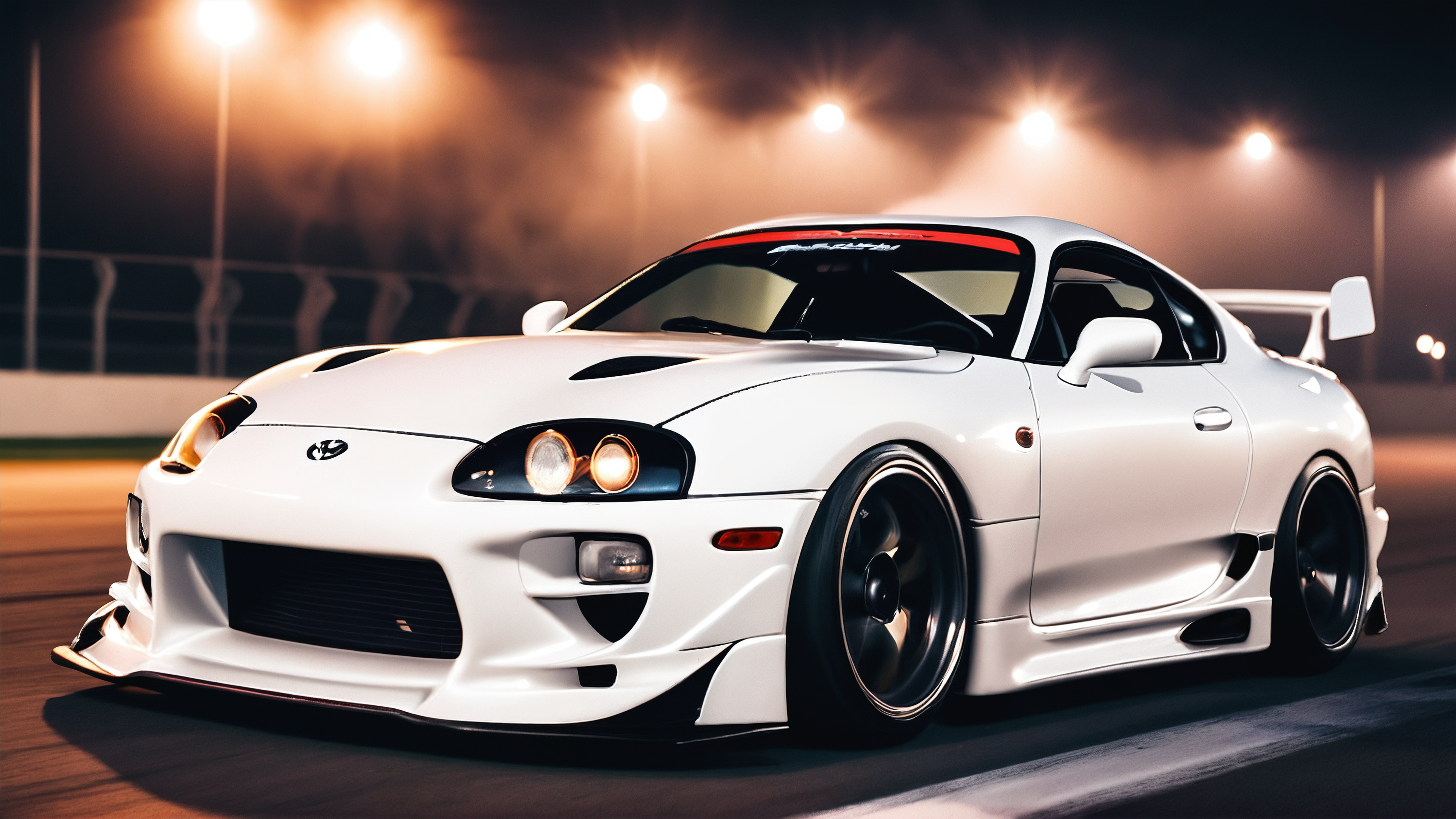 high detailed,best quality,masterpiece,high detailed,best quality,toyota supra 1998<lora:toyota_supra1998:1.4> drifting on race the wheel is turned towards the viewer, front view,race track