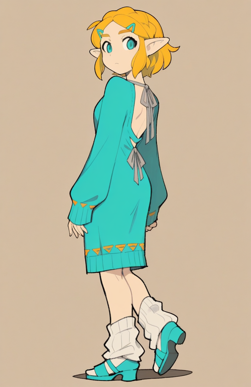 1girl, solo, <lora:TemmieChang:1> tmchng, standing, one leg slightly bent, hands at sides, neutral expression, neutral expression,
<lora:Zelda-IL-v2:0.5>, ChopioZelda, blonde hair, aqua eyes, pointy ears, short hair, crown braid, sidelocks, parted bangs, hairclip, grey ribbon-trimmed sweater, sleeves past wrists, long sleeves, aqua dress, backless dress, brown loose socks, green platform heels, , extremely detailed, highres, masterpiece, best quality
