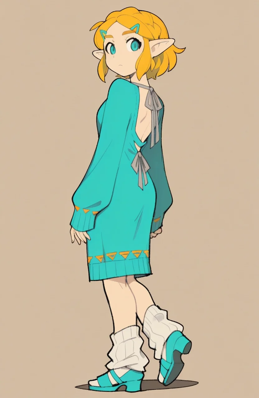 1girl, solo, <lora:TemmieChang:1> tmchng, standing, one leg slightly bent, hands at sides, neutral expression, neutral expression,
<lora:Zelda-IL-v2:0.5>, ChopioZelda, blonde hair, aqua eyes, pointy ears, short hair, crown braid, sidelocks, parted bangs, hairclip, grey ribbon-trimmed sweater, sleeves past wrists, long sleeves, aqua dress, backless dress, brown loose socks, green platform heels, , extremely detailed, highres, masterpiece, best quality