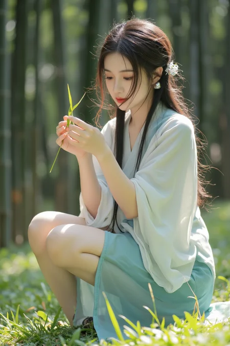 <lora:ã麦æ©éè¡£ãMajicflus:0.7>, qingyi, Backlit photography captures a young woman kneeling slightly as she intently touches a blade of grass. Her short cyan hanfu skirt drapes over her knees, with the translucent fabric outlining her legs. Her loose top slips down her shoulder, and strands of her hair are tousled by the breeze, accented by tiny silver bells. The background reveals dappled sunlight filtering through a bamboo grove.âââ