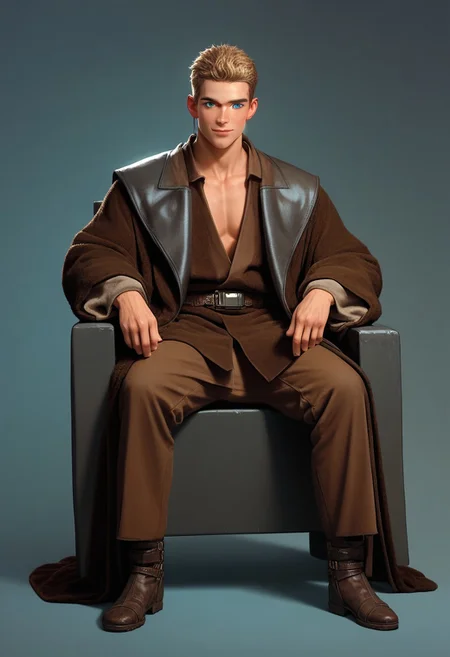 score_9,score_8_up,score_7_up,score_6_up, 1boy, boy,(handsome, cute) solo, blue eyes, blond hair, sitting on chair, smug,, very short hair,(muscular body:0.8)), Sci-fi Environments, Sci-fi chair, jedi robe, 1boy, male focus, full body, jedi robe, belt, brown clothes, robe, coat, Coruscant
