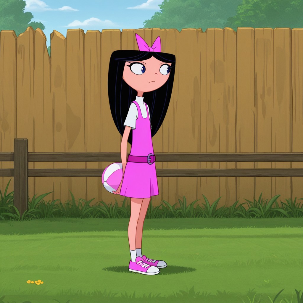 masterpiece, best quality, screenshot, break, solo, isabella_gs, black hair, long hair, hair bow, blue eyes, shirt, dress, belt, standing, fence, grass, holding ball, from the side,