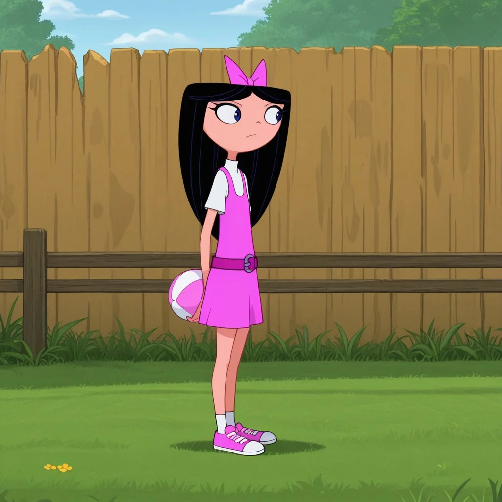 masterpiece, best quality, screenshot, break, solo, isabella_gs, black hair, long hair, hair bow, blue eyes, shirt, dress, belt, standing, fence, grass, holding ball, from the side,