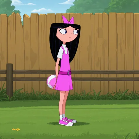 masterpiece, best quality, screenshot, break, solo, isabella_gs, black hair, long hair, hair bow, blue eyes, shirt, dress, belt, standing, fence, grass, holding ball, from the side,
