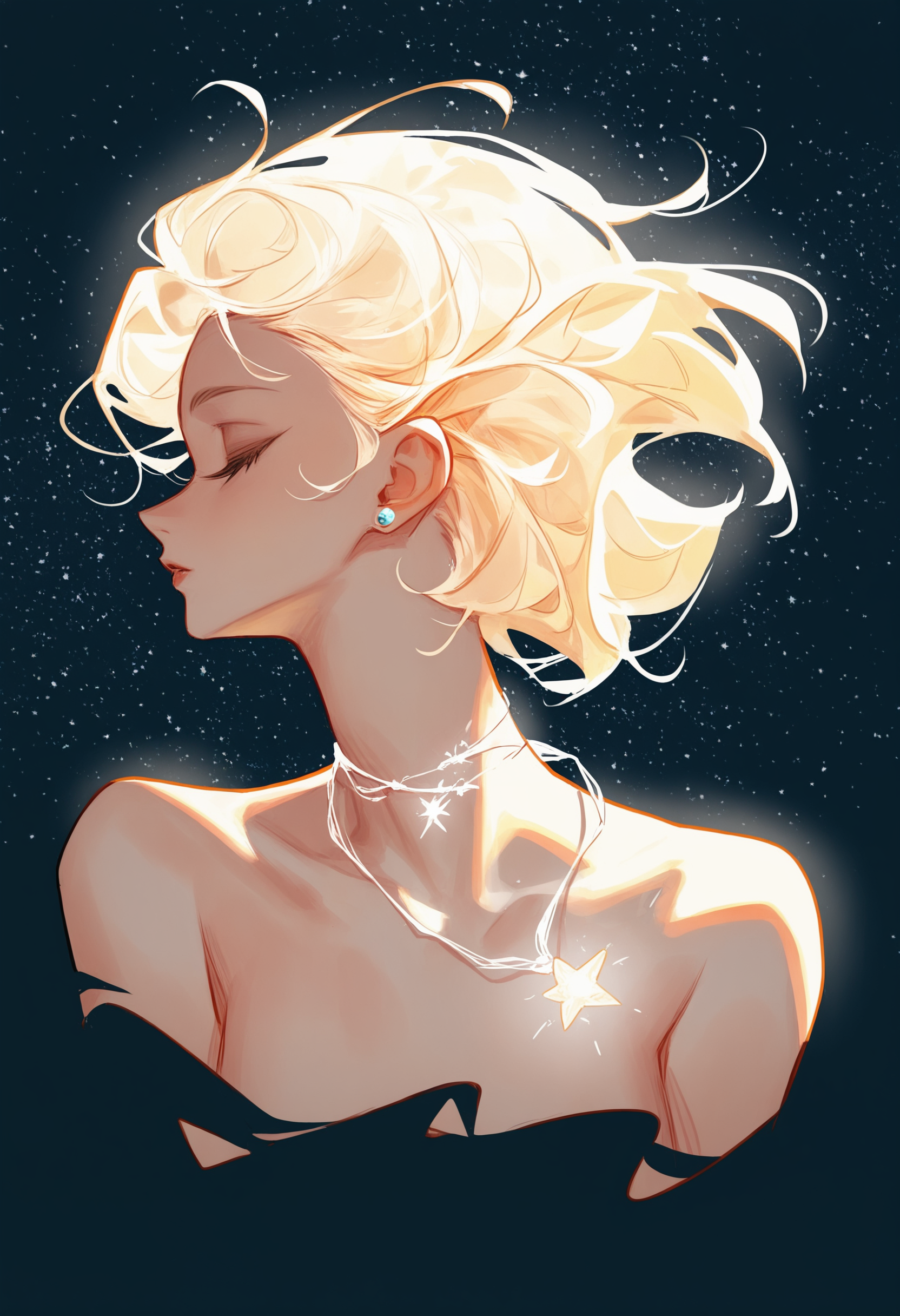 1girl, solo, jewelry, earrings, choker, closed eyes, floating hair,collarbone, portrait, glowing, star \(sky\), eyelashes, stud earrings, bare shoulders, closed mouth, necklace, starry sky, short hair, profile, parted lips, moon, BREAK,highres,absurdres,masterpiece,newest,best quality,Visual impact,very awa,very aesthetic,amazing quality