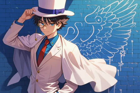 masterpiece, best quality, absurdres, safe
1boy, wings graffiti, [blue theme, ::0.1]
kaitou, black hair, light smile, adjusting headwear, top hat, white headwear, monocle, blue shirt, red necktie, white jacket, capelet,
<lora:angel_with_a_shotgun_il_5_d16:1>
<lora:wide_shot_il_1_d32:0:hr=1>