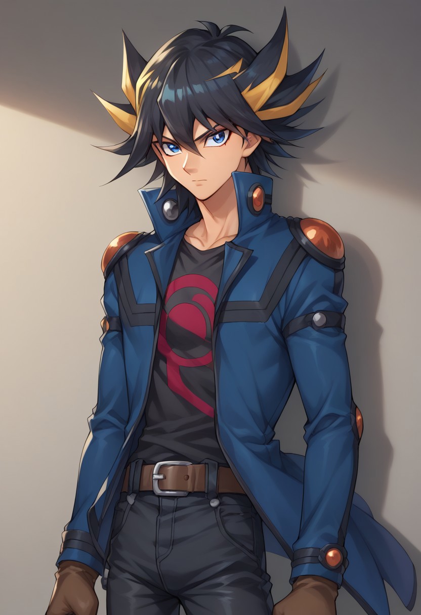 score_9, score_8_up, score_7_up, source_anime, highly detailed, 
yusei, 1boy, male focus, gloves, solo, multicolored hair, black hair, spiked hair, blue eyes, belt, brown gloves, streaked hair, jacket, shirt, open clothes, hair between eyes, open jacket, black shirt, closed mouth, print shirt, bangs, blue jacket, blonde hair, black pants,