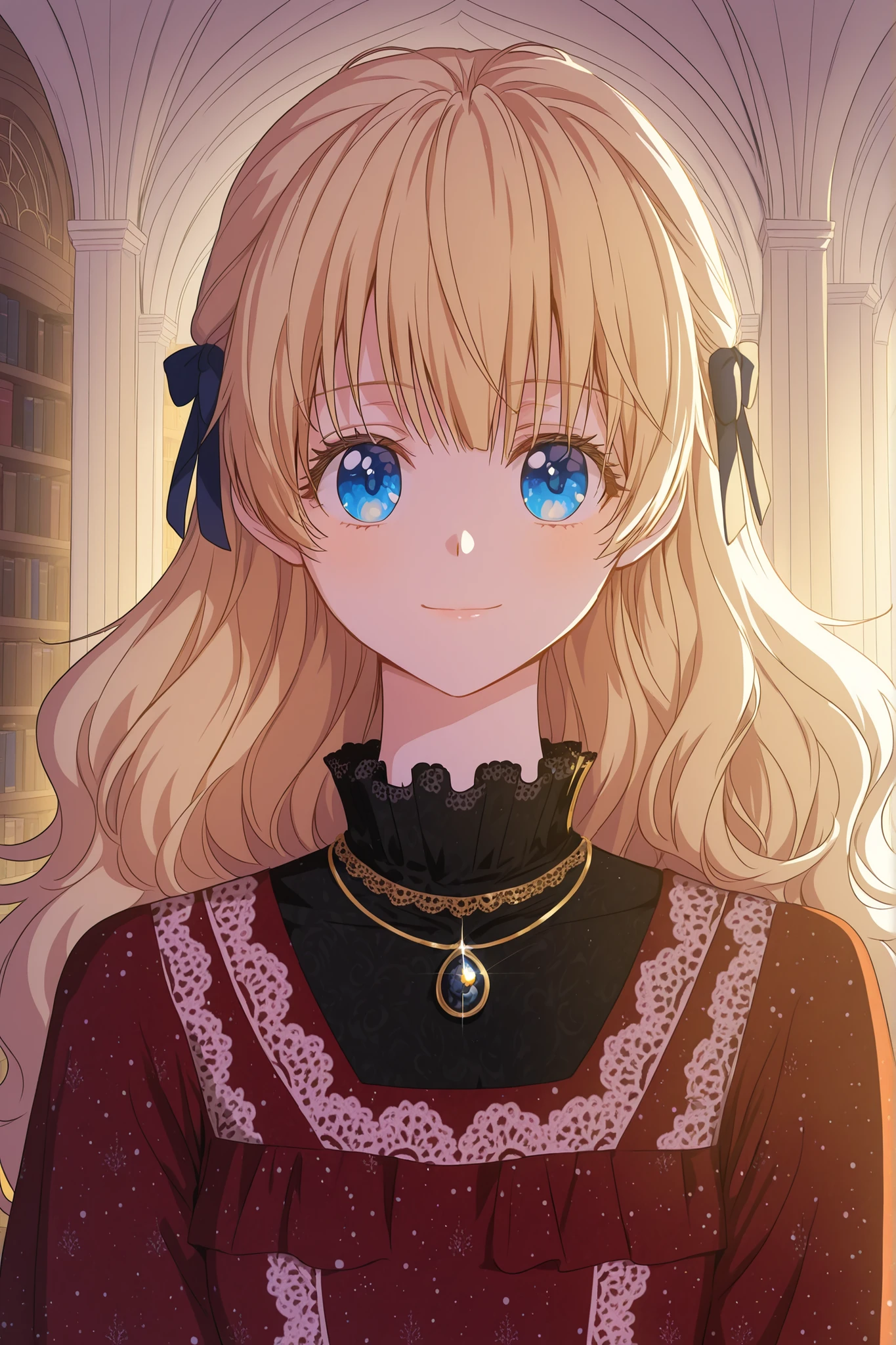masterpiece, best quality, absurdres, high quality, detailed illustration, sharp focus, redpatterneddress, 1girl, solo, athanasia, blonde hair, blue eyes, wavy hair, long hair, bangs, high collar, hair ribbon, frills, red dress, patterned dress, lace trim, white lace, necklace, gold necklace, gem pendant, jewelry, looking at viewer, regal expression, calm smile, elegant pose, warm lighting, indoors, library, palace interior, detailed background, upper body