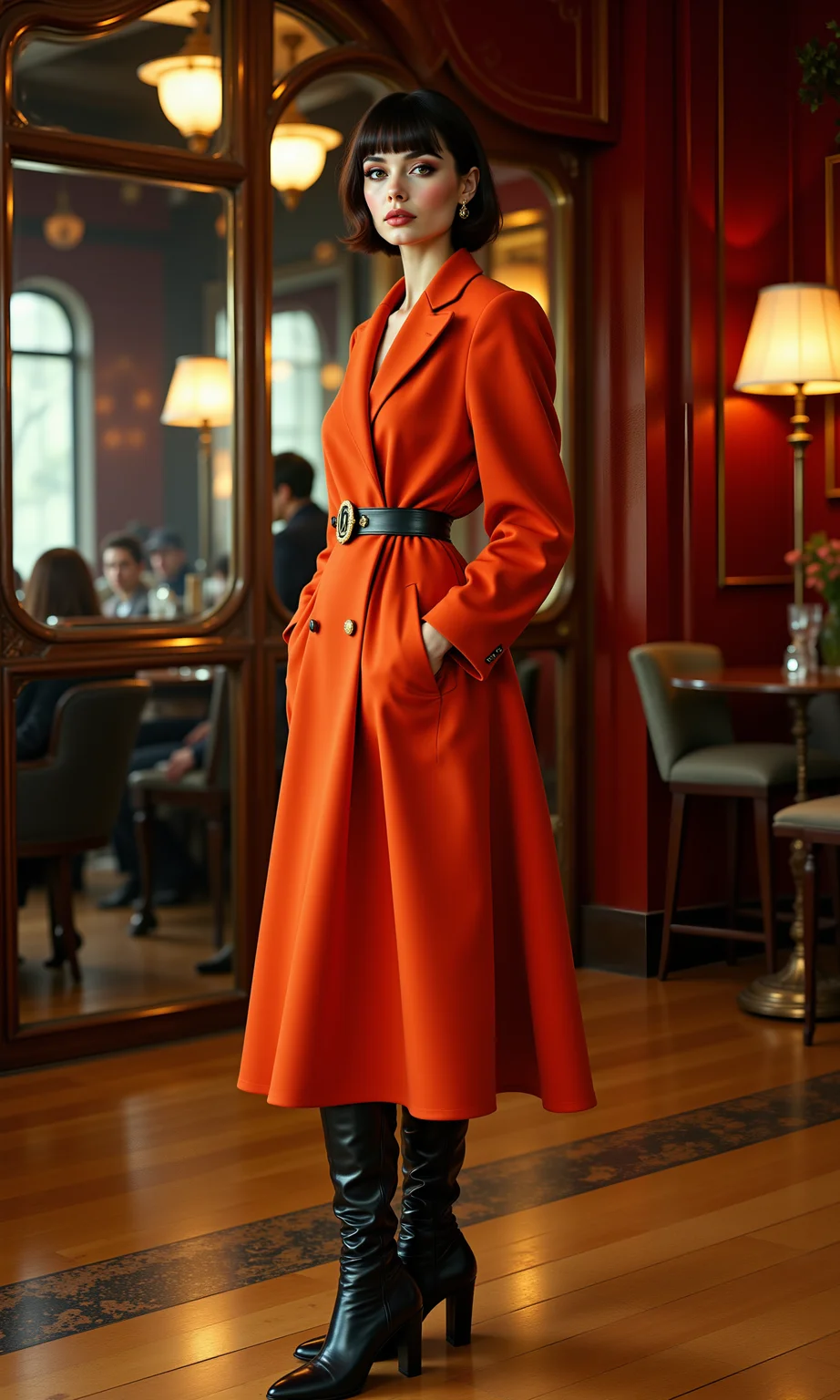 Award-winning fashion photograph, featuring Audrey Hepburn in a sophisticated 1960s outfit by Courrèges. She is wearing a structured trapeze coat, styled with polished ankle boots. The outfit is designed in shades of bold primary colors, accentuating the 1960s style.
break
dynamic pose, timeless beauty, looking ahead, straight-on, dutch angle, fullbody shot, reflections in glass, ruffled clothing, gazing into the distance,
break
A glamorous 1960s music recording studio, capturing the essence of 1960s high-fashion elegance and sophistication.
break
8k, ultra photorealistic, vibrant colors, intricate textures, detailed fabric, cinematic lighting with subtle shadows, Kodak Porta 600 film grain effect, Rembrandt lighting, slight lens flare, warm golden-hour ambiance, soft bokeh for depth, timeless fine art, fashion editorial style. 1960s, fashion shoot, extravagant, colorful outfit, beautiful model, <lora:FLUX.1-DEV_-_Wild_1960s_Fashions_LoRA:0.9>, aidmafluxpro1.1, <lora:aidmaFluxPro1.1Stylev0.2:0.7>, backinblack, <lora:Back_in_Black:0.2>, ArsMovieStill, 50s Noir Movie Still, <lora:50s_Noir_Movie:0.2>,