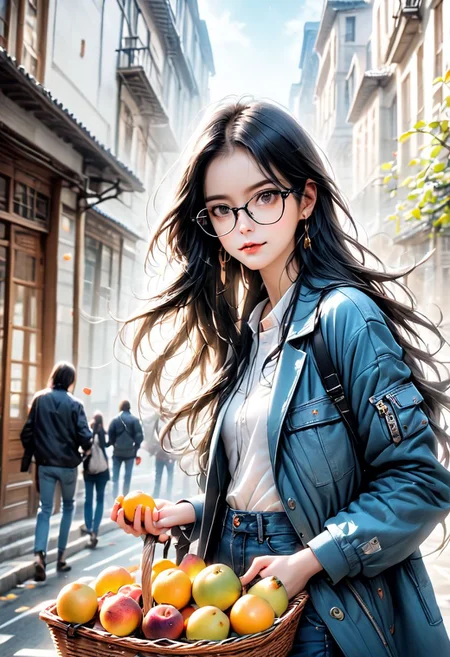 1girl, solo, long hair, looking at viewer, black hair, long sleeves, holding, standing, jacket, outdoors, parted lips, food, glasses, day, pants, bag, from side, lips, coat, petals, fruit, denim, ground vehicle, building, black-framed eyewear, jeans, city, realistic, nose, basket, road, street, blue coat, alley