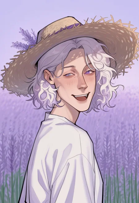 best quality, detailed face, detailed eyes, , ,
by vor sirkov
masterpiece, best quality, absurdres, highres, general, by kp
1 boy ,short hair, hair behind ear, parted bangs, asymmetrical bangs, wavy tips, wavy hair,bright white hair, lavender purple eyes,bright purple throw, solo, field of colors ,sparkling smile ,smile, looks at the viewer, reflections background,sun hat, sun rays, open smile, partially turned back, garden with lavender, close flowers, lavender, slightly squinting, straw hat with flowers, flowers on the hat ,white shirt,lilac on the hat, long lilac flowers
