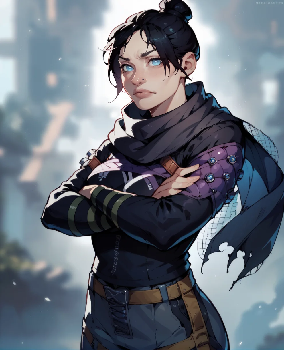 score_9,score_8_up,score_7_up,
wraithxl,black hair,single hair bun,looking at viewer,blue eyes,
scarf,nose piercing,black shirt,long sleeves,
standing, crossed arms,
<lora:wraith:1>,