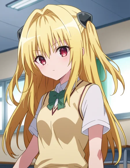 score_9, score_8_up, score_7_up, source_anime,
toloveruyami, <lora:golden-darkness-ponyxl-lora-nochekaiser:1>,
yami, yellow hair, long hair, red eyes, hair ornament, two side up,
school uniform, shirt, white shirt, bow, green bow, skirt, green skirt, pleated skirt, short skirt, sweater, light brown sweater vest, short sleeves,
indoors, classroom,
looking at viewer, cowboy shot, dutch angle, dynamic pose,