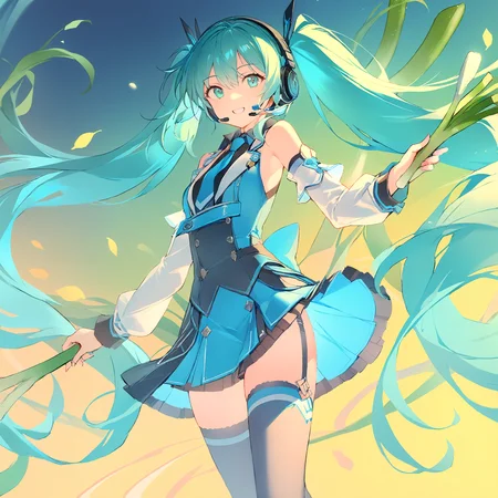 1girl,
solo, headphones, aqua eyes, detached sleeves, smile, spring onion, twintails, headset, zettai ryouiki, long hair, very long hair, necktie, thighhighs, aqua hair, skirt,
masterpiece, best quality, safe
<lora:mki-ani31-blackmeow-v1-000120:1>